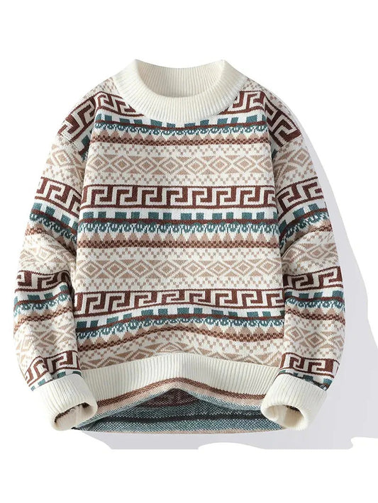 Men’s Ethnic Pattern Knit Sweater – Vintage Winter Crewneck Pullover