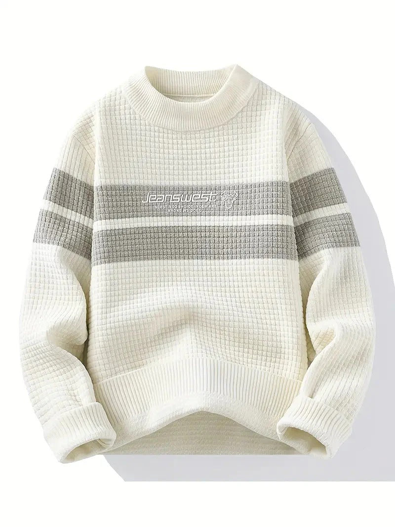 Men’s Textured Knit Sweater – White & Grey Striped Winter Crewneck