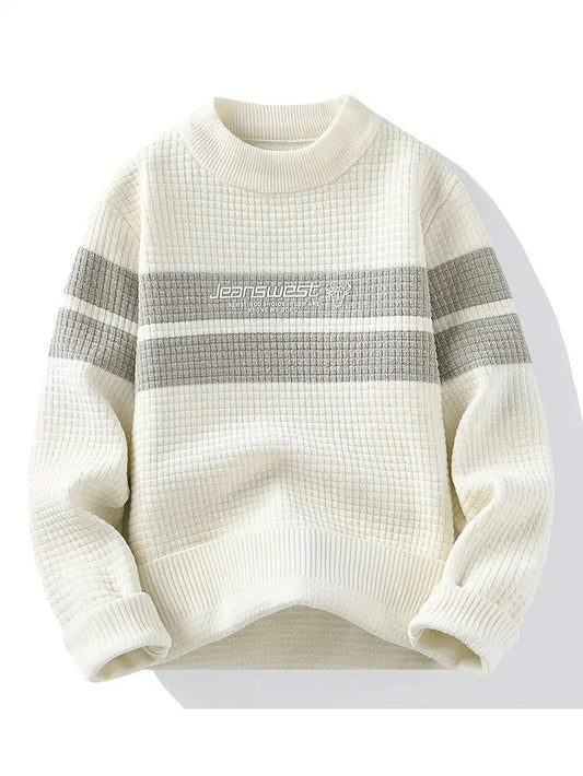 Men’s Textured Knit Sweater – White & Grey Striped Winter Crewneck