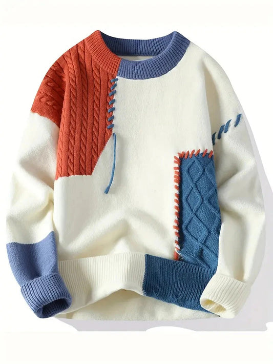 Men’s Color Block Cable Knit Sweater – Premium Winter Crewneck