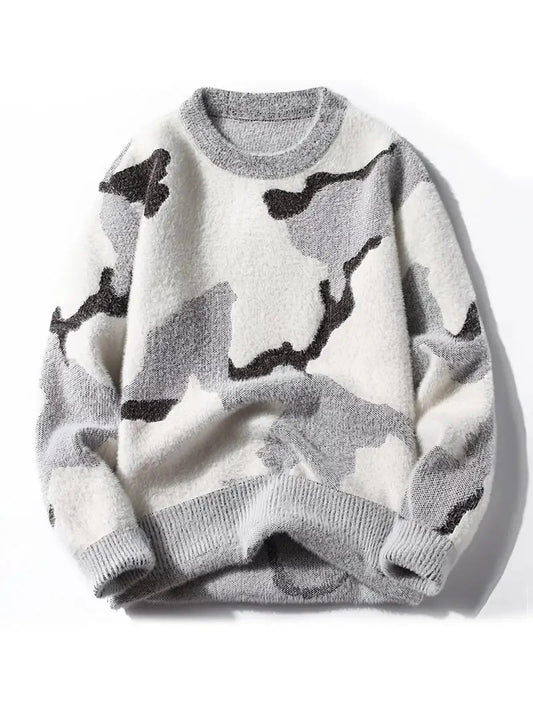 Men’s Abstract Pattern Knit Sweater – Grey & White Winter Crewneck