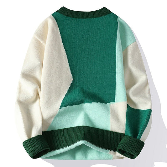Men’s Green & Cream Color Block Knitted Sweater – Winter Casual Wear