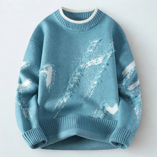 Men’s Distressed Knit Sweater – Sky Blue Winter Crewneck Pullover