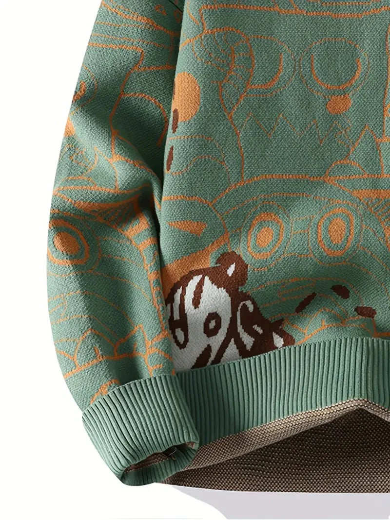 Men’s Cartoon Graphic Knit Sweater – Green Oversized Winter Crewneck