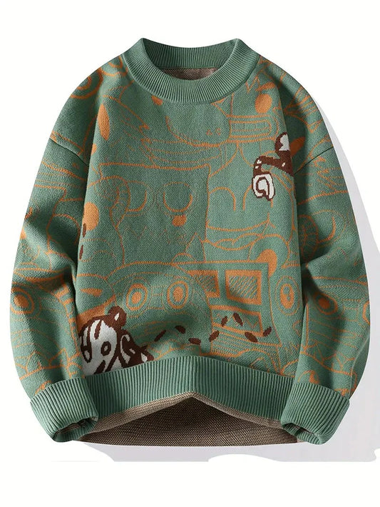 Men’s Cartoon Graphic Knit Sweater – Green Oversized Winter Crewneck