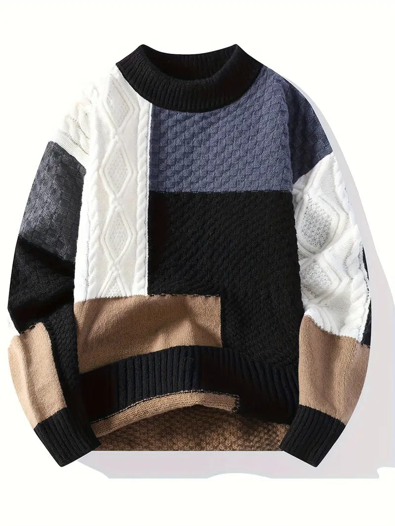 Men’s Patchwork Cable Knit Sweater – Multi-Color Winter Crewneck Pullover