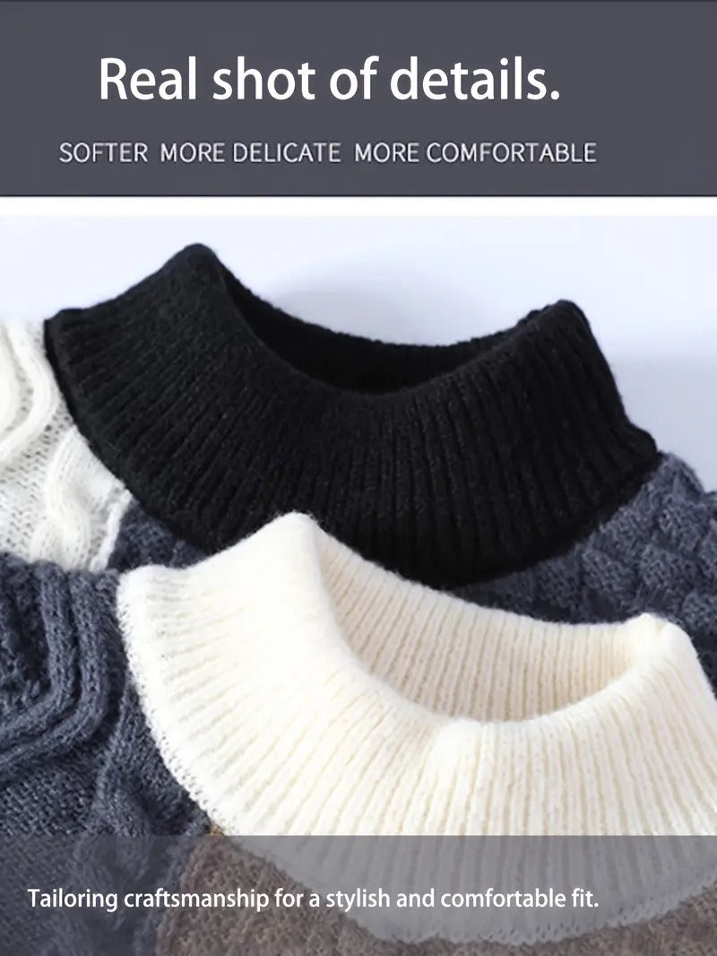 Men’s Patchwork Cable Knit Sweater – Multi-Color Winter Crewneck Pullover