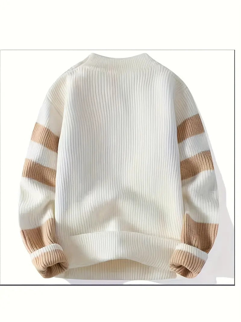 Men’s Color Block Ribbed Knit Sweater – Cream, Beige & Grey