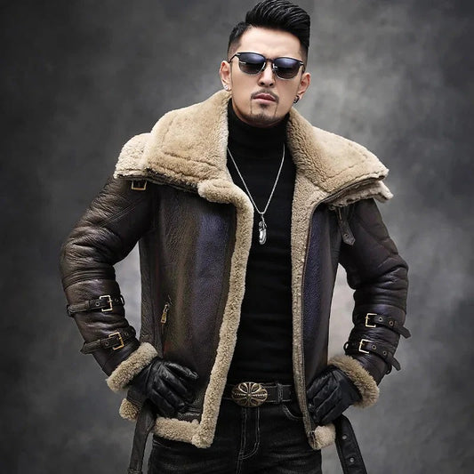 Men’s Shearling Leather Aviator Jacket – Premium Winter Biker Coat