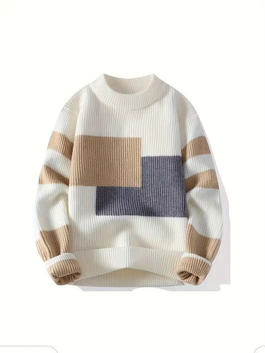 Men’s Color Block Ribbed Knit Sweater – Cream, Beige & Grey