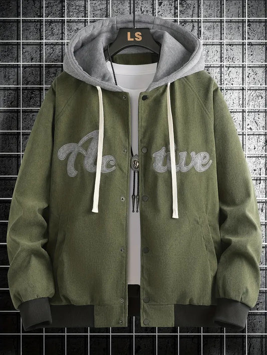 Men’s Olive Green Corduroy Hooded Jacket – Casual Winter Streetwear