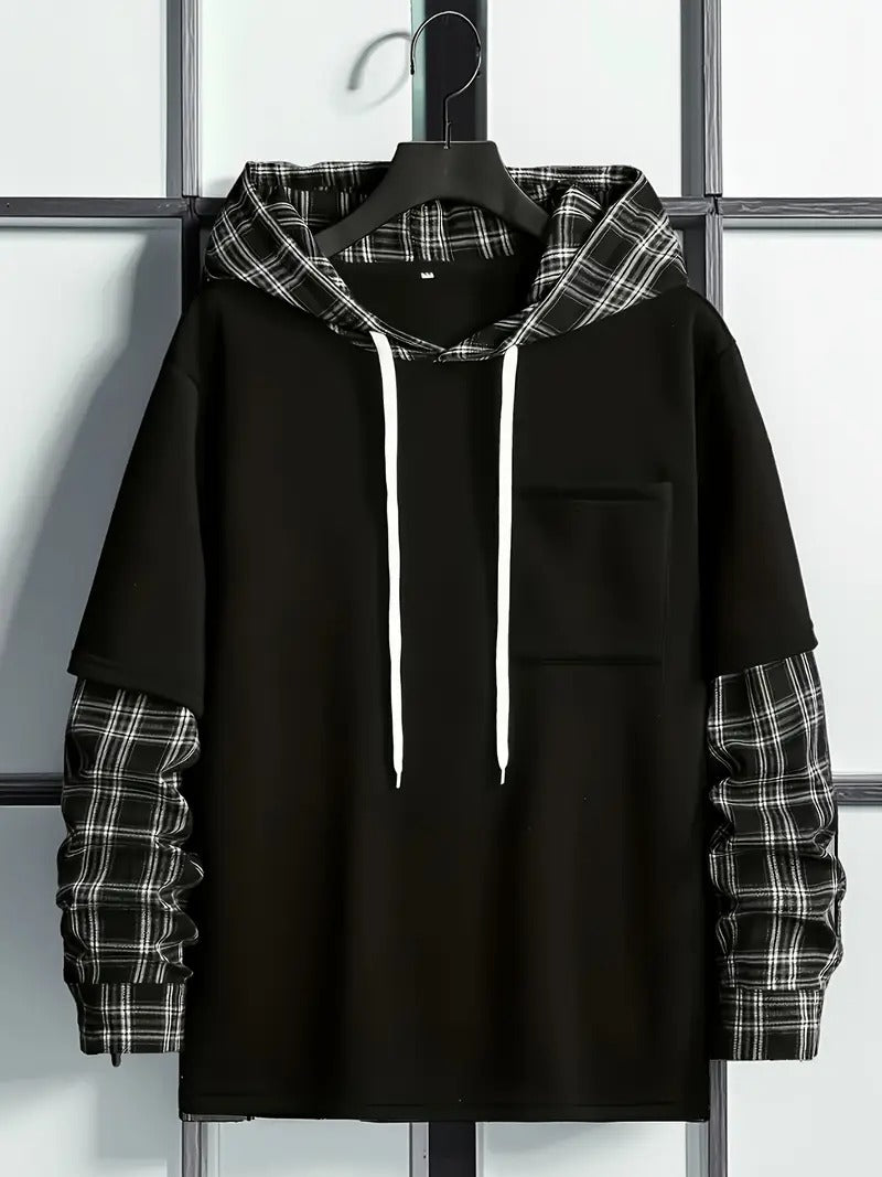 Men’s Layered Hoodie T-Shirt – Plaid Sleeve Casual Hooded Top