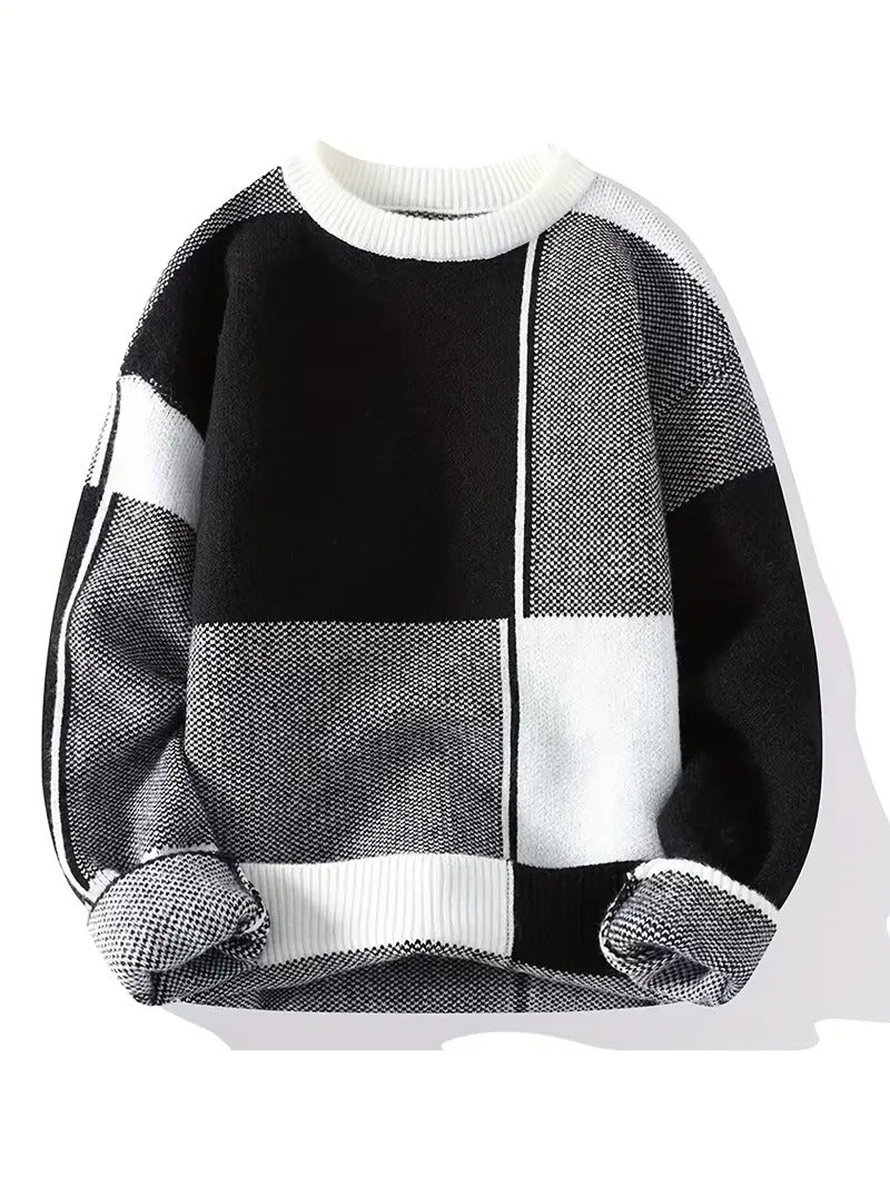 Men’s Black & White Patchwork Knit Sweater – Modern Crewneck Winter Pullover