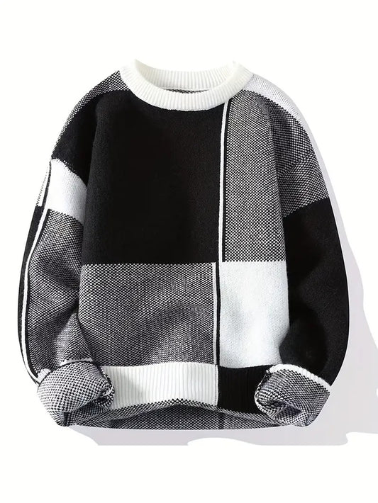 Men’s Black & White Patchwork Knit Sweater – Modern Crewneck Winter Pullover