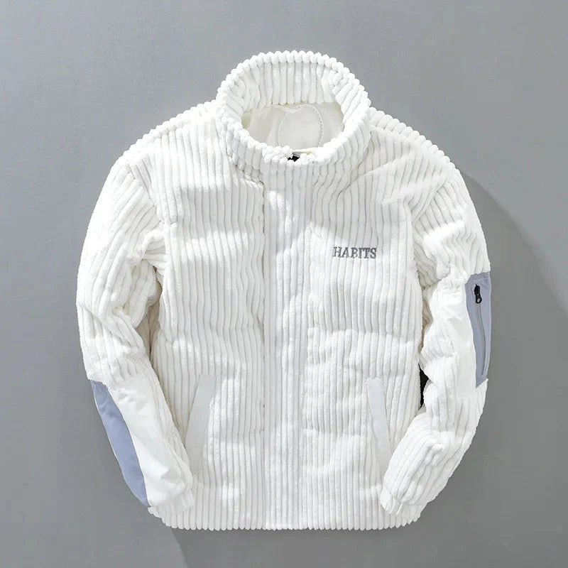 Men’s Corduroy Puffer Jacket – White Winter Jacket with Stand Collar