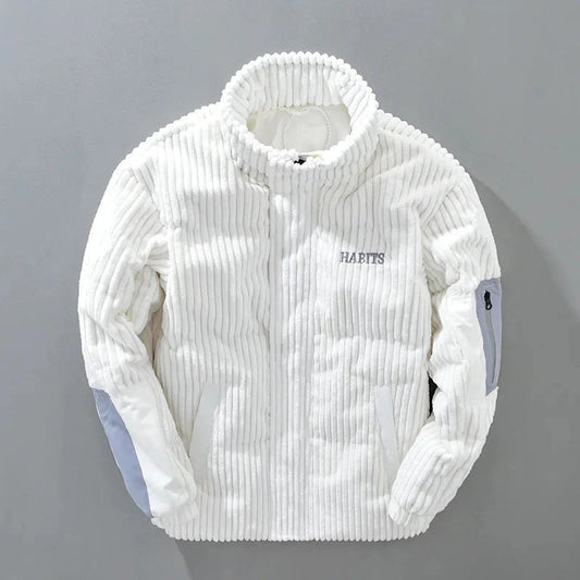 Men’s Corduroy Puffer Jacket – White Winter Jacket with Stand Collar