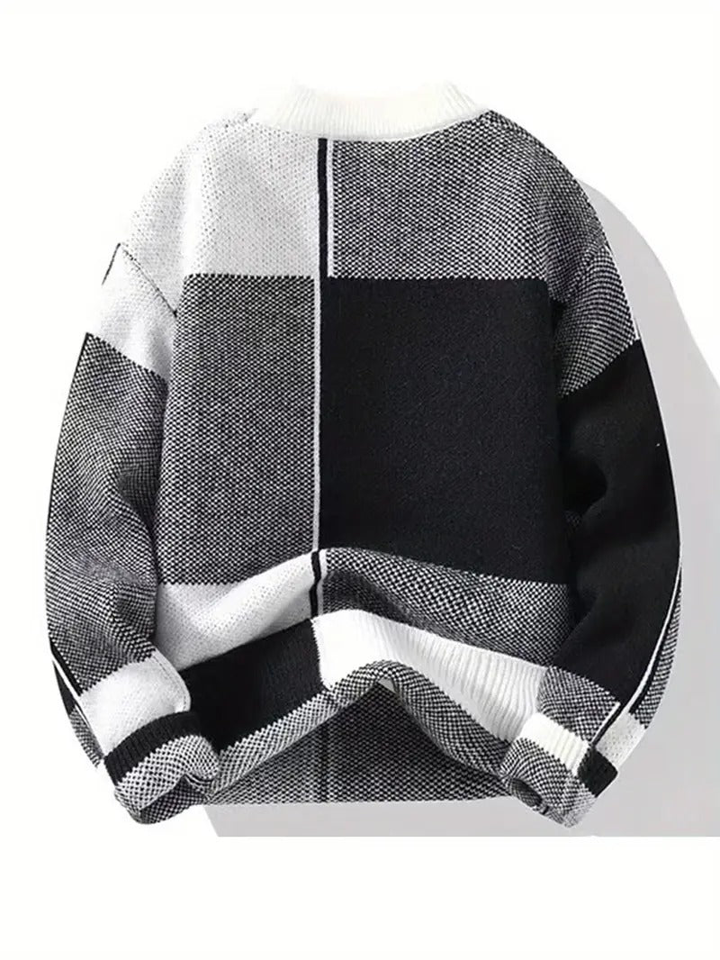 Men’s Black & White Patchwork Knit Sweater – Modern Crewneck Winter Pullover