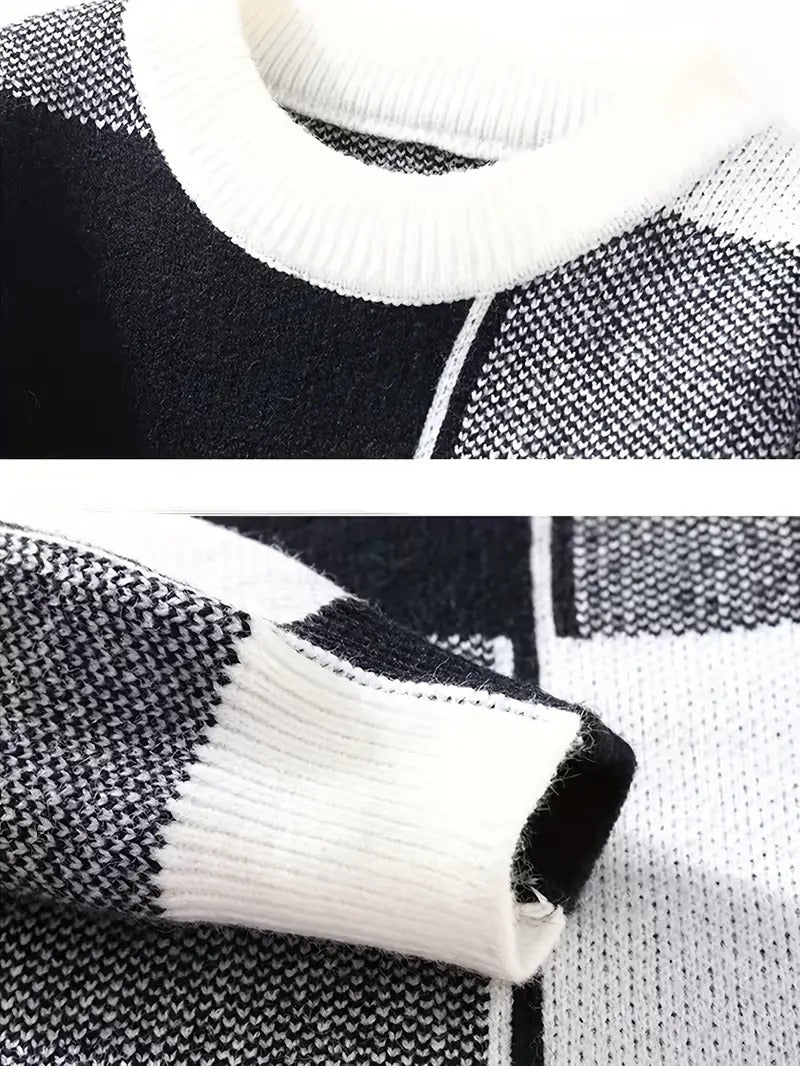 Men’s Black & White Patchwork Knit Sweater – Modern Crewneck Winter Pullover