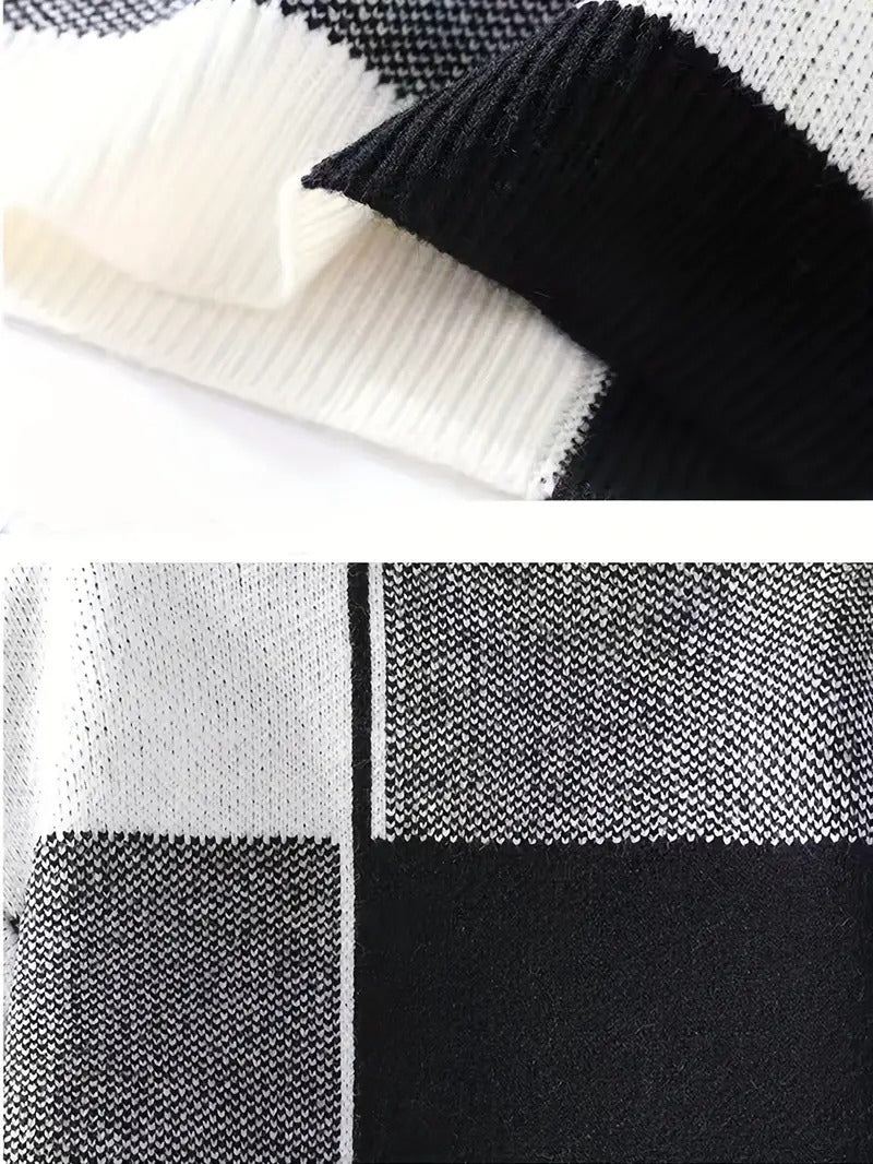 Men’s Black & White Patchwork Knit Sweater – Modern Crewneck Winter Pullover