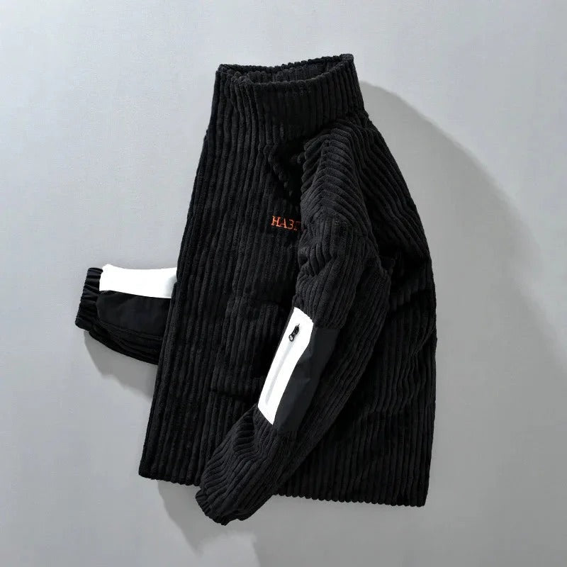 Men’s Corduroy Puffer Jacket – White Winter Jacket with Stand Collar