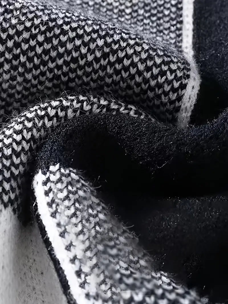 Men’s Black & White Patchwork Knit Sweater – Modern Crewneck Winter Pullover