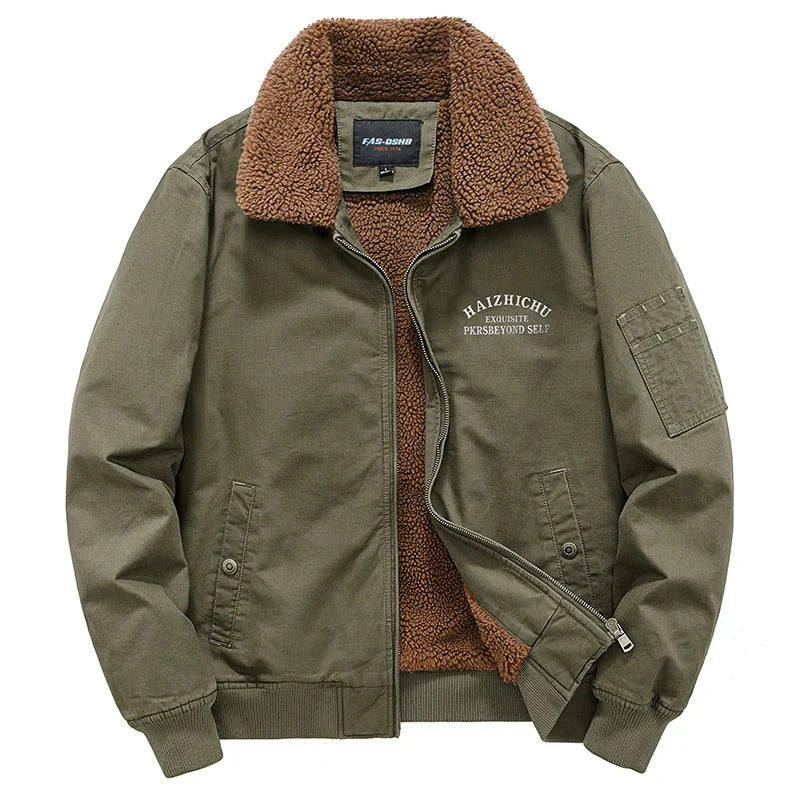 Men’s Fleece-Lined Bomber Jacket – Olive Green Winter Military Jacket