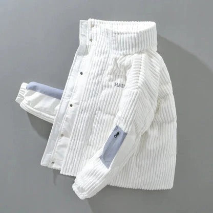 Men’s Corduroy Puffer Jacket – White Winter Jacket with Stand Collar