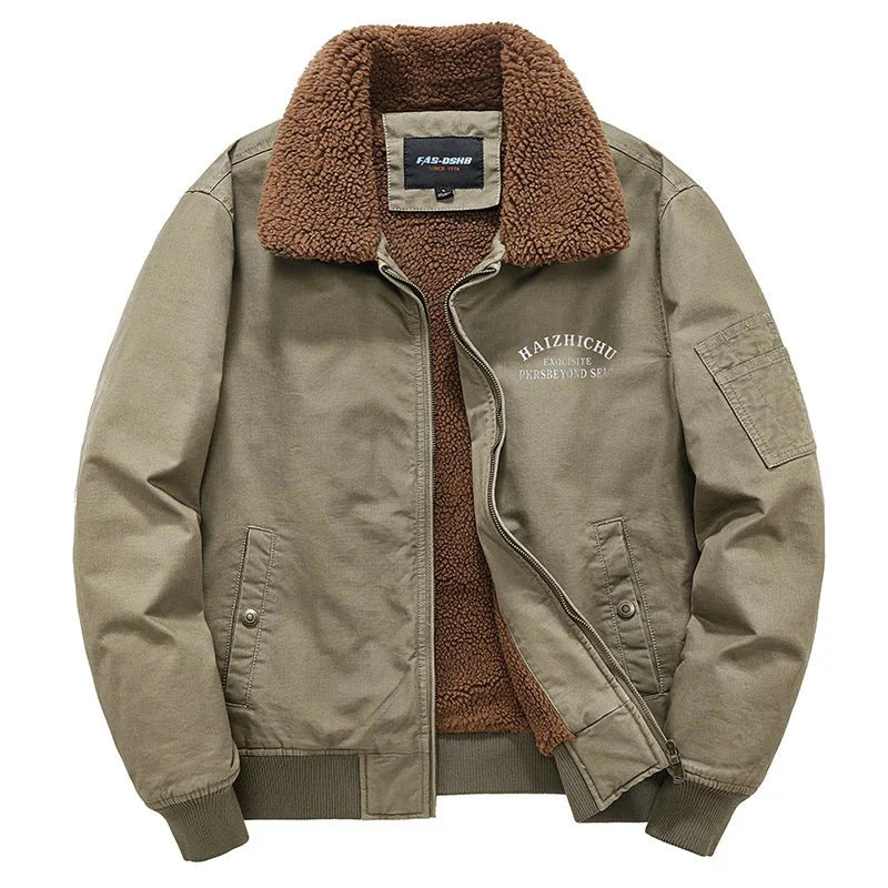 Men’s Fleece-Lined Bomber Jacket – Olive Green Winter Military Jacket