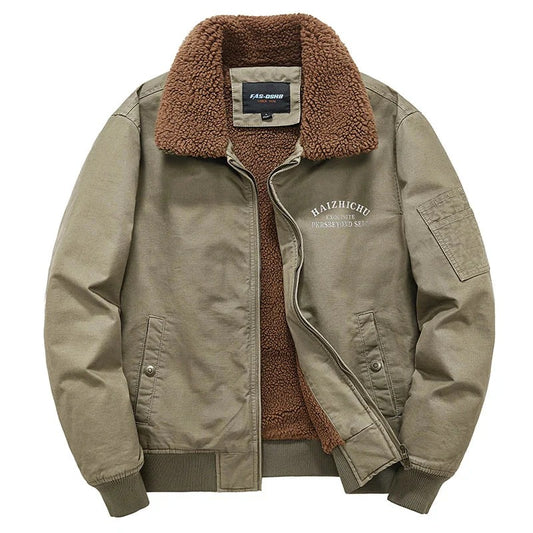 Men’s Fleece-Lined Bomber Jacket – Olive Green Winter Military Jacket