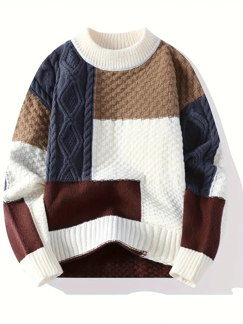 Men’s Patchwork Cable Knit Sweater – Multi-Color Winter Crewneck Pullover