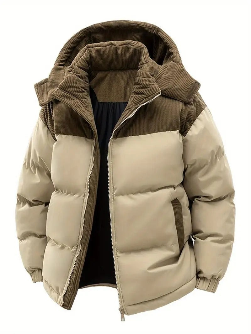Men’s Hooded Puffer Jacket – Two-Tone Winter Jacket with Corduroy Collar