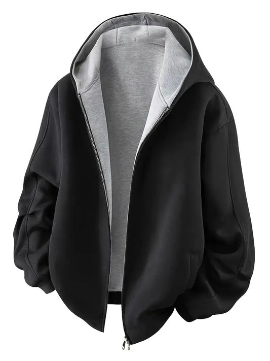 Men’s Zip-Up Hoodie Jacket – Black Casual Hooded Sweatshirt