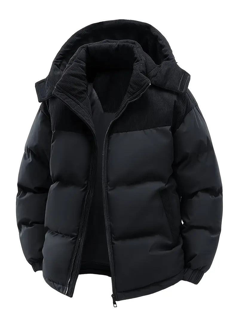 Men’s Hooded Puffer Jacket – Two-Tone Winter Jacket with Corduroy Collar