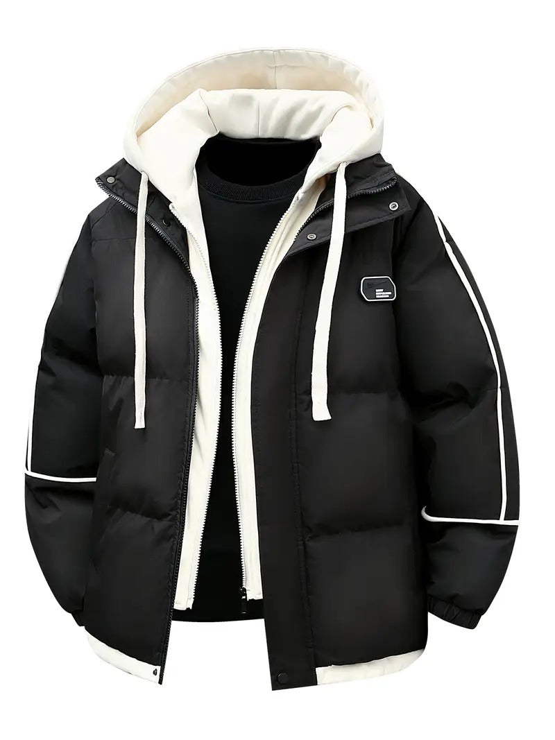 Men’s Hooded Puffer Jacket – Black & White Winter Jacket with Warm Padding