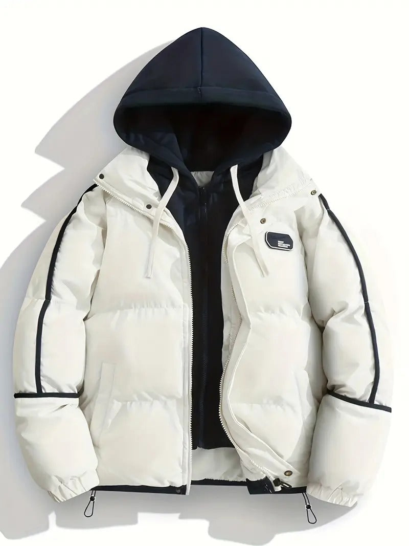 Men’s Hooded Puffer Jacket – Black & White Winter Jacket with Warm Padding