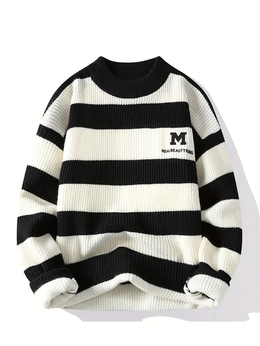 Men’s Striped Knit Sweater – Blue & White Crewneck Winter Pullover