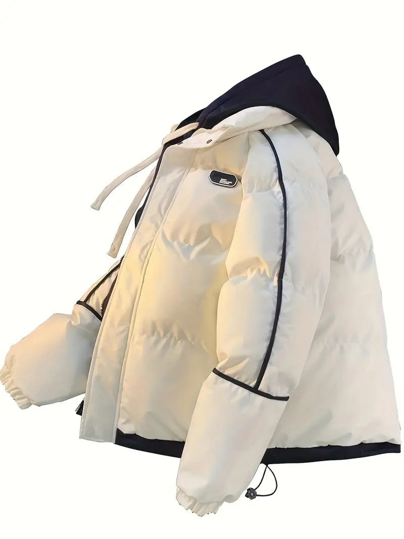 Men’s Hooded Puffer Jacket – Black & White Winter Jacket with Warm Padding