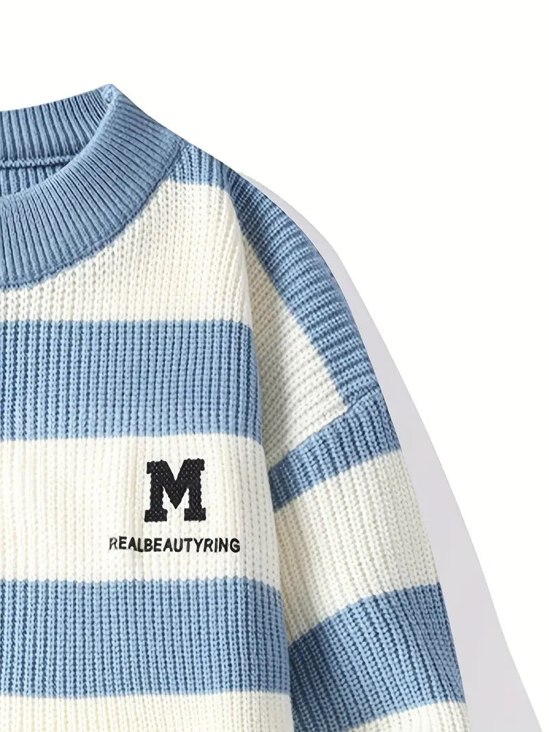 Men’s Striped Knit Sweater – Blue & White Crewneck Winter Pullover