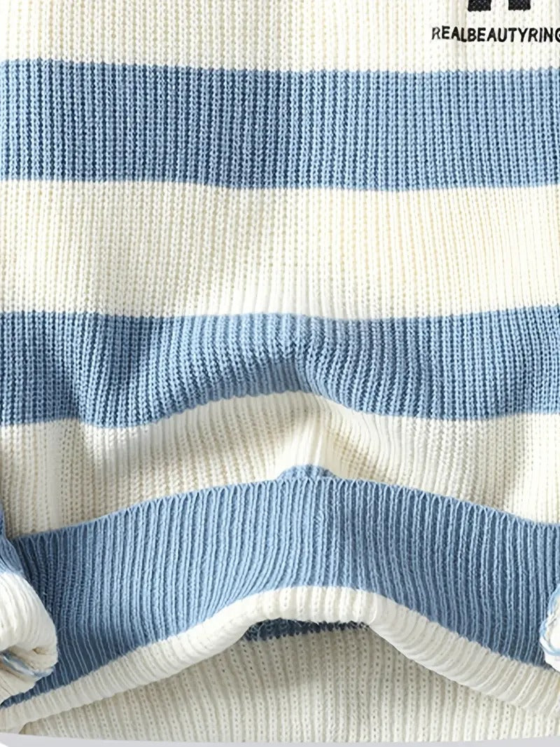 Men’s Striped Knit Sweater – Blue & White Crewneck Winter Pullover