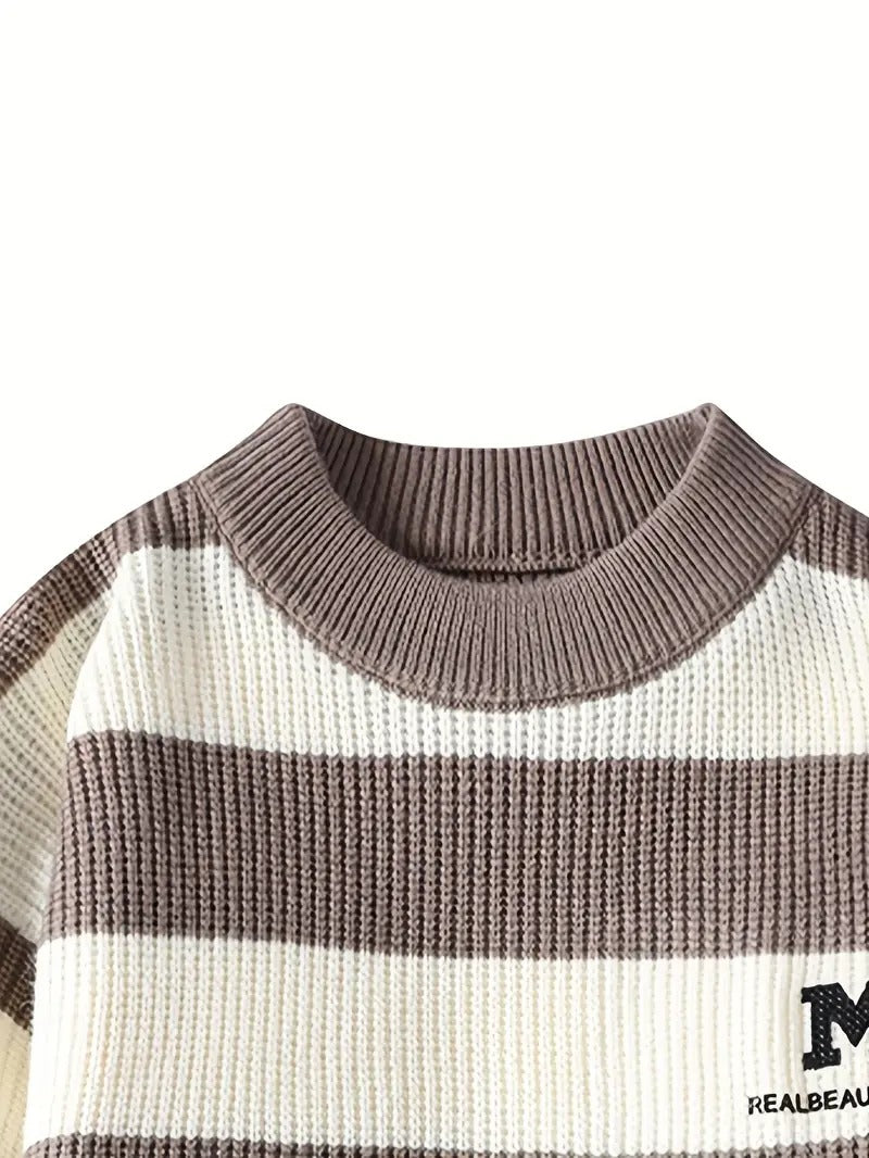 Men’s Striped Knit Sweater – Blue & White Crewneck Winter Pullover