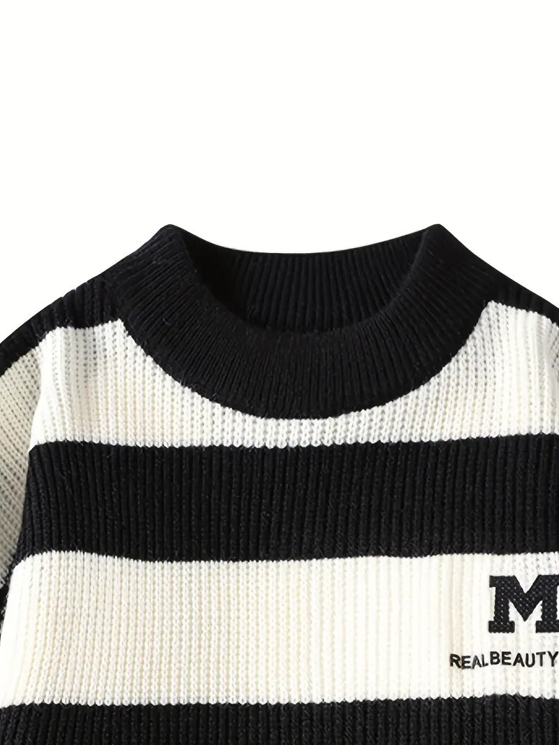 Men’s Striped Knit Sweater – Blue & White Crewneck Winter Pullover