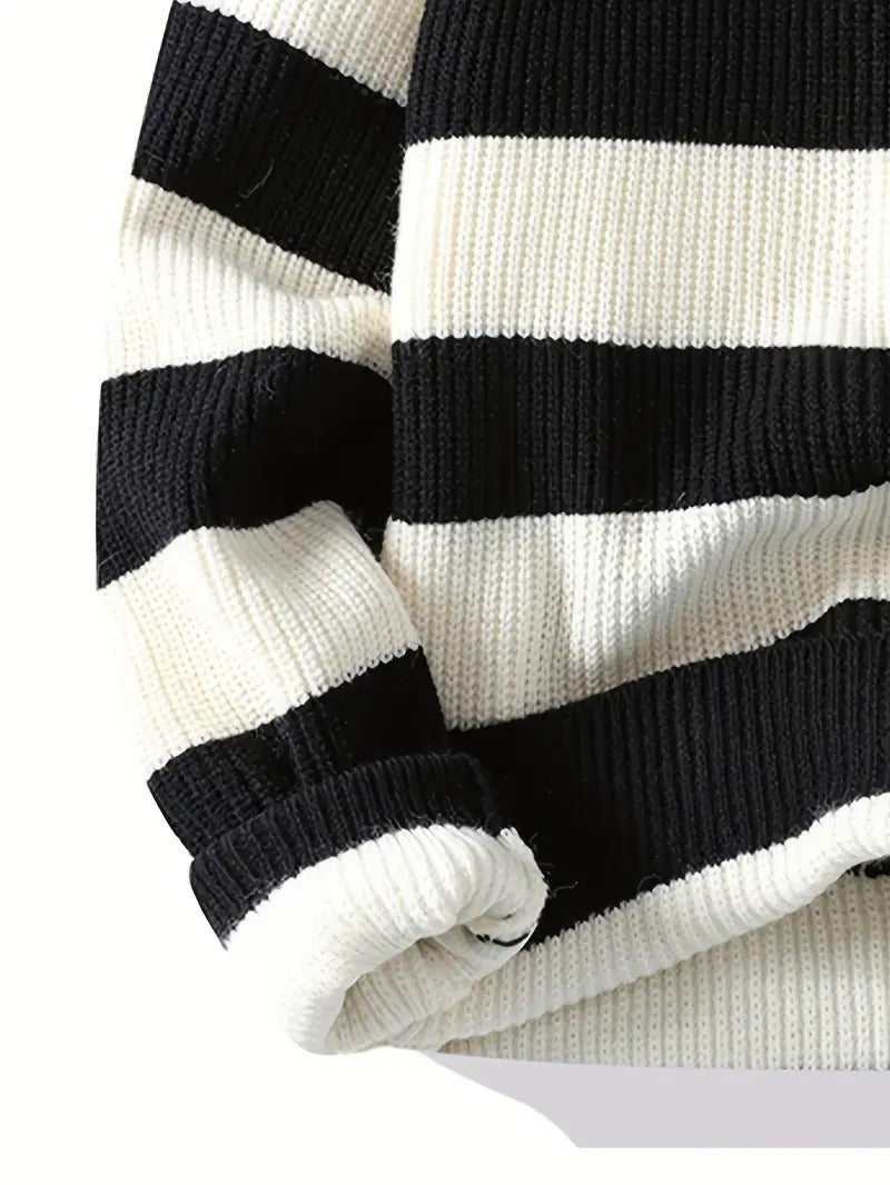 Men’s Striped Knit Sweater – Blue & White Crewneck Winter Pullover